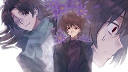 Rule 34 | 1boy, black jacket, brown hair, chinese commentary, closed mouth, commentary request, expressionless, flower, green scarf, harada minoru, jacket, long hair, male focus, multiple views, open clothes, open jacket, purple flower, purple sweater, red eyes, ribbed sweater, saibou shinkyoku, scarf, short hair, smile, sweat, sweater, turtleneck, turtleneck sweater, white sweater, wide-eyed, xiaolichuibaoqiezaiaaa