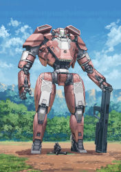 Rule 34 | 1boy, absurdres, chaboex, commentary, day, full body, gun, helmet, highres, mecha, original, outdoors, picnic, pilot suit, robot, science fiction, sitting, sky, standing, weapon