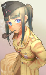 Rule 34 | 1girl, afrika korps, badge, black hair, blue eyes, blunt bangs, blurry, breasts, cleavage, dirty, dirty face, epaulettes, eyelashes, freckles, from above, garrison cap, hands in pockets, hat, high ponytail, karasumi (sumizono), long hair, looking at viewer, looking to the side, looking up, military, military uniform, original, pipe in mouth, sidelocks, smoking, smoking pipe, soldier, solo, swastika, uniform, upper body, world war ii