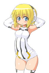 Rule 34 | 10s, 1girl, armpits, arms behind head, arms up, arnval, bad id, bad pixiv id, bare shoulders, blonde hair, blue eyes, blush, bodysuit, breasts, busou shinki, cowboy shot, dd (ijigendd), elbow gloves, gloves, headgear, headphones, hip focus, leotard, light smile, looking at viewer, no nose, short hair, simple background, sketch, small breasts, solo, standing, thigh gap, thighhighs, white background, white gloves, white thighhighs
