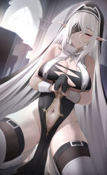 Rule 34 | 1girl, absurdres, arturaxia, bare shoulders, black dress, black thighhighs, blush, boots, breasts, cleavage, closed mouth, dress, dutch angle, grey hair, highres, indoors, kneeling, large breasts, long hair, navel, no panties, nun, original, own hands clasped, own hands together, pointy ears, praying, red scarf, revealing clothes, scarf, sleeveless, sleeveless dress, solo, thigh boots, thighhighs, veil, very long hair, white footwear, wrist cuffs