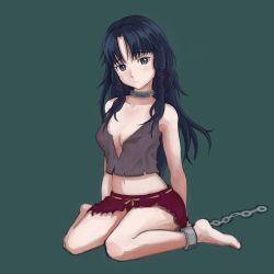 Rule 34 | 10s, 1girl, barefoot, blue eyes, blue hair, bound ankles, breasts, chain, cleavage, collar, cuffs, full body, highres, long hair, matching hair/eyes, midriff, navel, nihs, parinuri, rags, sad, shackled, shackles, simple background, sitting, solo, suisei no gargantia, wariza