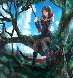 Rule 34 | 1girl, absurdres, advarcher, bad id, bad pixiv id, black footwear, black pantyhose, black skirt, boots, breasts, brown hair, cleavage, day, frilled skirt, frills, full body, grey eyes, highres, holding, holding scythe, in tree, looking at viewer, medium breasts, miniskirt, outdoors, pantyhose, ruby rose, rwby, scythe, shirt, short hair, sitting, sitting in tree, skirt, smile, solo, swept bangs, tree, white shirt
