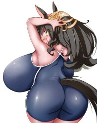 Rule 34 | + +, 1girl, :d, absurdres, animal ears, armpits, arms up, ass, ato (bfj315), black hair, blush, breasts, cat ears, curvy, fang, from behind, gigantic breasts, highres, horse ears, horse girl, horse tail, huge ass, huge breasts, long hair, looking back, marvelous sunday (umamusume), open mouth, school swimsuit, shortstack, simple background, smile, solo, swimsuit, tail, thick thighs, thighs, tracen swimsuit, twintails, umamusume, white background, wide hips, yellow eyes
