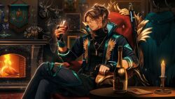 Rule 34 | 1boy, aioka (aichiu kuchiu), animal skull, belt, black shirt, bookshelf, bottle, brown hair, bug, butterfly, candle, chair, cloak, clothes hanger, cropped jacket, crossed legs, cup, drinking glass, earrings, emblem, feet out of frame, fingerless gloves, fire, fireplace, gloves, goldbullet, gun, hair between eyes, half gloves, high collar, high ponytail, highres, holding, holding cup, holoarmis, holostars, holostars english, insect, jacket, jewelry, looking at viewer, male focus, multicolored hair, necklace, open clothes, open jacket, pants, ponytail, rifle, rug, shirt, sitting, smile, sniper rifle, streaked hair, table, torn clothes, torn pants, trophy head, weapon, wine bottle, wine glass, yellow eyes