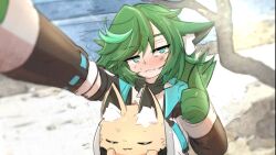 Rule 34 | 1girl, animal ears, asekeu, cat, cat ears, commentary, detached sleeves, dirty, dirty face, english commentary, feathered wings, feathers, green eyes, green feathers, green hair, green wings, harpy, highres, long hair, looking at viewer, monster girl, original, outdoors, quill (asekeu), selfie, sleeping animal, solo, thumbs up, winged arms, wings
