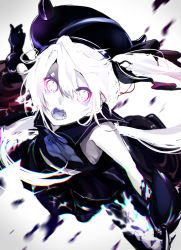 Rule 34 | 10s, 1girl, abyssal ship, black gloves, colored skin, destroyer princess, gloves, hat, kantai collection, long hair, miwano rag, open mouth, pink eyes, ragu (myan nyan), school uniform, side ponytail, solo, very long hair, white hair, white skin