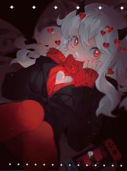 Rule 34 | 1girl, adjusting clothes, black jacket, blush, chinese commentary, cleavage cutout, clothing cutout, commentary request, demon horns, diamond (shape), feet out of frame, heart, heart-shaped pupils, helltaker, highres, horns, jacket, knees up, light particles, long hair, long sleeves, looking at viewer, lying, modeus (helltaker), nintendo switch, on back, pantyhose, red eyes, red pantyhose, red sweater, solo, sparkle, sweater, symbol-shaped pupils, turtleneck, turtleneck sweater, white hair, yu anle bu le