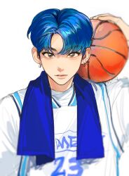 Rule 34 | 1boy, animification, ball, basketball, basketball (object), basketball uniform, bishounen, blue hair, blue towel, earrings, facing viewer, highres, jewelry, looking at viewer, male focus, meyou084, numbered, on shoulder, original, simple background, sportswear, towel, upper body, white background