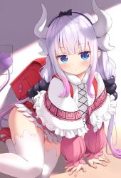 Rule 34 | 1girl, absurdres, backpack, bag, blue eyes, blush, capelet, dragon girl, dragon horns, dress, female focus, frilled capelet, frills, highres, horns, kanna kamui, kobayashi-san chi no maidragon, light purple hair, long hair, long sleeves, looking at viewer, low twintails, pink dress, randoseru, red footwear, sidelocks, solo, tail, thighhighs, thighs, twintails, white capelet, white thighhighs, xue lu