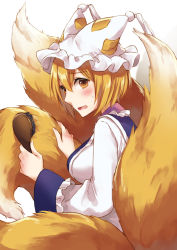 Rule 34 | 1girl, animal hat, blonde hair, blush, breasts, commentary request, dress, drop shadow, fox tail, from side, hair between eyes, hair brush, hat, holding, holding brush, holding tail, kirisita, large breasts, looking at viewer, looking back, mob cap, multiple tails, ofuda, open mouth, mob cap, short hair, simple background, solo, standing, sweatdrop, tabard, tail, brushing tail, tassel, touhou, white background, white dress, yakumo ran, yellow eyes