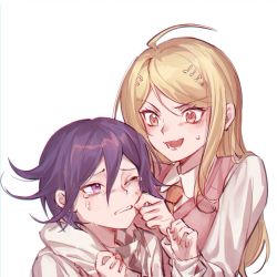 Rule 34 | 1boy, 1girl, :d, ahoge, akamatsu kaede, arm around shoulder, blonde hair, blush, brown neckwear, checkered clothes, checkered scarf, cheek pinching, collared shirt, commentary request, crying, danganronpa (series), danganronpa v3: killing harmony, eighth note, ewa (seraphhuiyu), fortissimo, grey background, hair between eyes, hair ornament, height difference, hetero, highres, long hair, long sleeves, looking at another, musical note, musical note hair ornament, necktie, one eye closed, open mouth, oma kokichi, pinching, pink sweater vest, purple eyes, purple hair, scarf, shirt, simple background, smile, sweatdrop, sweater vest, tears, upper body, white background, white shirt