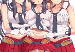 Rule 34 | 10s, 3girls, agano (kancolle), anchor symbol, armpits, bare shoulders, belly grab, belt, black hair, braid, grabbing another&#039;s breast, breasts, brown hair, cameltoe, cleavage, collarbone, covered erect nipples, garter straps, girl sandwich, gloves, grabbing, hand on another&#039;s chest, hand on another&#039;s shoulder, hand on another&#039;s stomach, head out of frame, kantai collection, large breasts, long hair, melopun, midriff, miniskirt, multiple girls, navel, noshiro (kancolle), open mouth, panties, pantyshot, pleated skirt, plump, ponytail, sailor collar, sandwiched, school uniform, serafuku, single garter strap, skirt, sleeveless, smile, standing, stomach, thigh gap, twin braids, underwear, very long hair, white gloves, white panties, yahagi (kancolle)