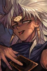 Rule 34 | 1boy, brown eyes, card, character name, earrings, holding, holding card, hungry clicker, jewelry, looking at viewer, male focus, marik ishtar, millennium eye, parted bangs, smile, solo, tongue, tongue out, upper body, veins, white hair, yami marik, yu-gi-oh!