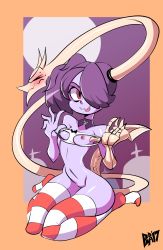 Rule 34 | 1girl, bigdead, blue skin, breasts, colored skin, detached collar, full body, highres, leviathan (skullgirls), nipples, nude, skullgirls, solo, squigly (skullgirls), stitched mouth, stitches, striped clothes, striped thighhighs, tagme, thighhighs, tongue, tongue out, uncensored, underwear, zombie