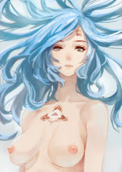 Rule 34 | 1girl, absurdres, blue eyes, blue hair, breasts, highres, large breasts, long hair, looking at viewer, matching hair/eyes, nipples, nude, okuto, serious, solo, tattoo, upper body