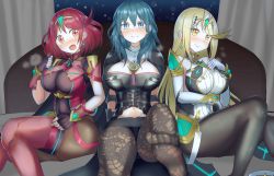 Rule 34 | 3girls, absurdres, bare shoulders, black gloves, blonde hair, bob cut, breasts, byleth (female) (fire emblem), byleth (fire emblem), chest jewel, cleavage, cleavage cutout, clothing cutout, dress, earrings, elbow gloves, fingerless gloves, fire emblem, fire emblem: three houses, gloves, highres, ii tea, jewelry, large breasts, legs, long hair, multiple girls, mythra (massive melee) (xenoblade), mythra (xenoblade), nintendo, pantyhose, pantyhose under shorts, pyra (xenoblade), red eyes, red hair, red legwear, red shorts, short dress, short hair, short shorts, shorts, sitting, super smash bros., swept bangs, thigh strap, thighhighs, thighs, tiara, very long hair, white dress, white gloves, xenoblade chronicles (series), xenoblade chronicles 2, yellow eyes
