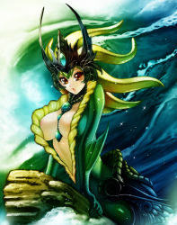 Rule 34 | 1girl, between breasts, blonde hair, breasts, brown eyes, center opening, gem, headpiece, jewelry, large breasts, league of legends, looking at viewer, mermaid, monster girl, nami (league of legends), necklace, solo, waterring