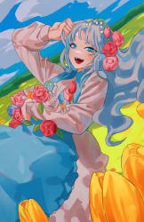 Rule 34 | 1girl, arm up, blue eyes, blue sky, blush, cloud, cloudy sky, daisy, flower, highres, horizon, leaf, long sleeves, looking at viewer, open mouth, orange flower, orange tulip, original, pink flower, pink rose, pink tulip, red flower, red rose, red tulip, rose, sil435, sky, smile, solo, tulip, upper body, white flower, white rose