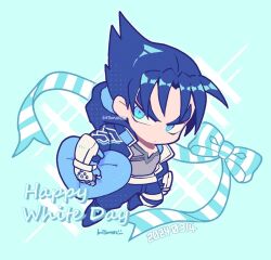 Rule 34 | 1boy, blue eyes, blue hair, blue jacket, blue pants, chibi, chibi only, closed mouth, dated, fingerless gloves, full body, gloves, grey shirt, heart, heart-shaped pillow, hood, hood down, hooded jacket, jacket, kazama jin, kotorai, limited palette, looking at viewer, male focus, no nose, pants, pillow, ribbon, shirt, short hair, signature, solo, striped ribbon, studded gloves, tekken, v-shaped eyebrows, white day