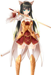 Rule 34 | 1girl, absurdres, animal ears, armor, armored boots, armored dress, black hair, blue eyes, boots, breasts, cat ears, character request, cleavage, dungeons &amp; princess, fake animal ears, highres, holding, holding sword, holding weapon, long hair, orochi itto, sheath, simple background, solo, sword, thighhighs, unsheathed, weapon, white background, white thighhighs