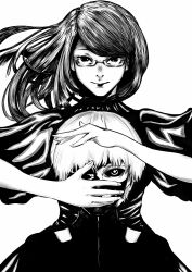 Rule 34 | 1boy, 1girl, absurdres, closed mouth, euqarcia, glasses, highres, kamishiro rize, kaneki ken, long hair, looking at viewer, mask, monochrome, one eye covered, semi-rimless eyewear, short hair, smile, tokyo ghoul, upper body, wide sleeves
