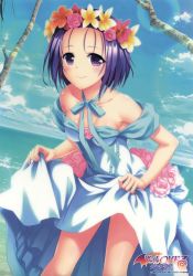 Rule 34 | 1girl, absurdres, bare arms, bare shoulders, blue ribbon, blue sky, blush, breasts, choker, cleavage, closed mouth, clothes lift, cloud, collarbone, copyright name, cowboy shot, day, dress, dress lift, dutch angle, facial mark, flower, flower wreath, forehead mark, highres, horizon, leaning forward, lens flare, lifting own clothes, looking at viewer, ocean, off-shoulder dress, off shoulder, official art, outdoors, palm tree, pink flower, pink rose, purple eyes, purple hair, ribbon, ribbon choker, rose, sairenji haruna, short hair, sky, small breasts, solo, standing, tareme, thighs, to love-ru, to love-ru darkness, tree, water, white dress, yabuki kentarou