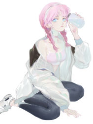 Rule 34 | 1girl, absurdres, arknights, black pants, blue eyes, blue poison (arknights), blue poison (shoal beat) (arknights), bottle, braid, chinese commentary, choker, closed mouth, commentary request, full body, hairband, hand up, highres, holding, holding bottle, jacket, leggings, lips, long hair, long sleeves, looking at viewer, off shoulder, official alternate costume, open clothes, open jacket, pants, pink choker, pink hair, pink sports bra, shoes, simple background, sitting, solo, sports bra, twin braids, wariza, water bottle, white background, white footwear, white hairband, white jacket, yiyuer