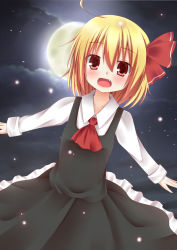Rule 34 | 1girl, :d, ahoge, ascot, blonde hair, esureki, fang, full moon, hair ornament, hair ribbon, moon, open mouth, outstretched arms, red eyes, ribbon, rumia, short hair, smile, solo, spread arms, touhou