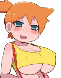 Rule 34 | 1girl, adapted costume, asymmetrical hair, bare legs, blush, breast slip, breasts, cleavage, covered erect nipples, cowboy shot, creatures (company), crop top, game freak, green eyes, gym leader, large breasts, legs, looking at viewer, misty (pokemon), miyazero, nintendo, open mouth, orange hair, pokemon, pokemon (anime), pokemon (classic anime), ponytail, shirt, short hair, side ponytail, simple background, smile, solo, suspenders, tank top, underboob, upper body, white background, yellow shirt, yellow tank top