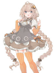 Rule 34 | 1girl, arm warmers, black dress, blue eyes, bracelet, braid, breasts, commentary, cowboy shot, dress, frilled dress, frills, hair ornament, hair tubes, hand on own chest, highres, jewelry, kizuna akari, konpe itou, layered dress, long hair, looking at viewer, medium breasts, open mouth, orange sleeves, orange thighhighs, platinum blonde hair, shirt, short sleeves, skindentation, smile, solo, standing, star (symbol), star print, striped clothes, striped thighhighs, thighhighs, twin braids, very long hair, voiceroid, white background, white shirt