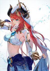 Rule 34 | 1girl, absurdres, aqua eyes, blue skirt, breasts, brooch, cowboy shot, crop top, from side, genshin impact, gold trim, hand up, harem outfit, highres, holding, horns, jewelry, long hair, long sleeves, looking to the side, medium breasts, navel, neck ring, nilou (genshin impact), parted lips, profile, puffy long sleeves, puffy sleeves, red hair, scottie (phantom2), shrug (clothing), sidelocks, simple background, skirt, solo, stomach, twintails, vambraces, veil, vision (genshin impact), water drop, wet, white background