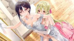 Rule 34 | 2girls, black hair, blonde hair, blue eyes, blush, breast press, breasts, brown eyes, censored, cleavage, clothes lift, collarbone, couple, crown hair ornament, dress, dress lift, dsmile, elbow gloves, female focus, fingering, floating hair, floral print, from above, furutachi ren, game cg, gloves, hair between eyes, hair ribbon, hayahoshi akuru, hug, hug from behind, layered dress, lifting another&#039;s clothes, long hair, medium breasts, medium hair, mosaic censoring, multiple girls, oshi no love yori koi no love, pink dress, pink ribbon, print dress, pussy, pussy juice, ribbon, standing, straight hair, strapless, strapless dress, very long hair, wedding dress, white dress, white gloves, wife and wife, yuri