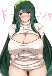Rule 34 | 1girl, 3:, blush, breasts, cleavage cutout, clothing cutout, flying sweatdrops, gigantic breasts, green hair, highres, long hair, looking at viewer, meme attire, no pants, open-chest sweater, ribbed sweater, solo, spoken blush, sweater, touhoku zunko, turtleneck, vocaloid, voiceroid, yellow eyes, yuzumiya mono