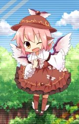 Rule 34 | 1girl, animal ears, blue sky, blush, brown dress, brown eyes, chibi, cloud, day, dress, ear piercing, earrings, fang, female focus, forest, hand on own chest, hat, highres, jewelry, mystia lorelei, nature, one eye closed, open mouth, piercing, pink hair, sky, solo, touhou, wings, wink, yamabuki (yusuraume)