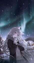 Rule 34 | 1girl, absurdres, animal ear fluff, animal ears, aurora, black scarf, cat ears, chromatic aberration, coat, cowboy shot, facial mark, fymrie, green skirt, grey hair, hair intakes, highres, long hair, long sleeves, looking at viewer, night, night sky, open clothes, open coat, original, outdoors, own hands together, pleated skirt, purple eyes, ribbed sweater, sad smile, scarf, shooting star, sidelocks, skirt, sky, smile, snowflakes, snowing, solo, standing, star (sky), starry sky, sweater, tears, tree, whisker markings, white sweater