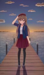 Rule 34 | 1girl, absurdres, alternate costume, arashio (kancolle), beret, black pantyhose, blue eyes, blue jacket, blue sky, brown eyes, brown hair, cloud, commentary request, day, dock, full body, gradient sky, hat, highres, holding, holding clothes, holding hat, jacket, kantai collection, konato k, long hair, outdoors, pantyhose, pier, pleated skirt, red hat, red skirt, shirt, skirt, sky, solo, sunrise, water, white shirt