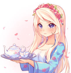 Rule 34 | 1girl, artist name, blonde hair, blue eyes, blue jacket, blush, borrowed character, collarbone, commission, cup, floral print, flower, gradient background, hair flower, hair ornament, holding, holding tray, hyanna-natsu, jacket, long hair, long sleeves, open clothes, open jacket, original, petals, pink background, plaid, red flower, red rose, rose, shirt, solo, swept bangs, teacup, teapot, tearing up, tears, tray, upper body, v-shaped eyebrows, white shirt