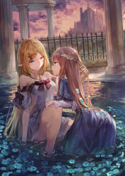 Rule 34 | 2girls, absurdres, bare shoulders, blonde hair, blue skirt, brown hair, castle, closed mouth, column, commentary request, dress, eye contact, fence, flower, green eyes, hair ornament, hairclip, hand in another&#039;s hair, highres, knee up, kneeling, kobutakurassyu, long hair, looking at another, multiple girls, original, outdoors, overcast, pillar, pointy ears, pool, skirt, sky, smile, soaking feet, very long hair, wading, water, white dress, yuri