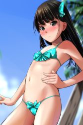 Rule 34 | 1girl, absurdres, bare arms, bare shoulders, bikini, black hair, blue bikini, blue bow, blue sky, blurry, blurry background, blush, bow, breasts, brown eyes, closed mouth, cloud, collarbone, day, depth of field, hair bow, hand on own hip, highres, long hair, looking at viewer, matsunaga kouyou, navel, nose blush, original, outdoors, palm tree, polka dot, polka dot bikini, polka dot bow, sky, small breasts, standing, swimsuit, tree