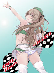 Rule 34 | 10s, 1girl, alternate costume, ass, back, beret, black ribbon, blue background, blue panties, boko (girls und panzer), boots, bracelet, brown eyes, checkered flag, choker, crop top, english text, flag, frilled skirt, frills, from behind, girls und panzer, gradient background, green hat, green shirt, green skirt, hair ribbon, hat, holding, holding stuffed toy, jewelry, light brown hair, long hair, looking at viewer, looking back, lowleg, lowleg panties, microskirt, midriff, open mouth, panties, race queen, reaching, reaching towards viewer, ribbon, shimada arisu, shirt, side-tie panties, side ponytail, skirt, smile, solo, standing, striped clothes, striped panties, stuffed animal, stuffed toy, teddy bear, thigh boots, thighhighs, underwear, white footwear, yumesato makura