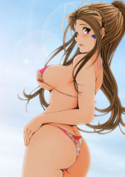 Rule 34 | 1girl, aa megami-sama, absurdres, ass, belldandy, bikini, blue eyes, breasts, brown hair, butt crack, covered erect nipples, facial mark, floral print, forehead mark, from behind, highres, large breasts, lens flare, long hair, looking at viewer, looking back, nanashi noiji, open mouth, ponytail, solo, swimsuit, thong bikini
