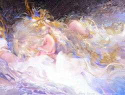 Rule 34 | 1girl, 2022, abstract background, absurdres, artist name, bare shoulders, bestdaimt, blonde hair, closed eyes, closed mouth, dated, diao chan (wangzhe rongyao), eyelashes, feather hair ornament, feathers, hair ornament, halo, highres, long hair, lying, on side, painterly, realistic, signature, solo, upper body, wangzhe rongyao, waves, yellow feathers