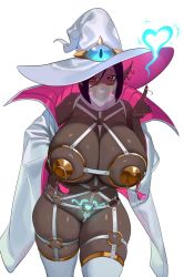 Rule 34 | bad id, bad twitter id, between breasts, black hair, blue fire, borrowed character, breasts, cleavage, coat, cowboy shot, dark-skinned female, dark skin, ear piercing, earrings, fire, hand up, hat, highres, huge breasts, index finger raised, jewelry, looking at viewer, nia (nia4294), original, parted lips, pasties, pearl thong, piercing, pointy ears, red eyes, revealing clothes, shadow, short hair, simple background, skindentation, smile, solo, thighhighs, thighs, thraike dubois (zahylon), white background, white coat, white hat, white thighhighs, witch
