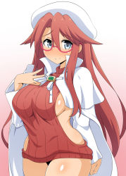 Rule 34 | 1girl, 2021, aty (summon night), blue eyes, blush, breasts, cloak, closed mouth, coat, curvy, gradient background, hair between eyes, hand on own chest, hat, highres, kani club, large breasts, long hair, long sleeves, looking at viewer, meme attire, red background, red hair, sideboob, solo, standing, summon night, summon night 3, virgin killer sweater, white background, white coat, wide hips