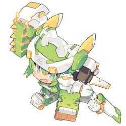 Rule 34 | 1girl, armor, blade (galaxist), blue eyes, desktop army, fang, full body, green hair, helmet, mana (desktop army), non-web source, official art, open mouth, short hair, simple background, skin fang, solo, white background