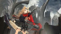 Rule 34 | 1girl, animal ears, archery shooting glove, archetto (arknights), arknights, arm up, arrow (projectile), black gloves, black shirt, black skirt, blonde hair, blue eyes, bow (weapon), cape, cloud, cloudy sky, compound bow, day, fox ears, fox girl, fox tail, frilled skirt, frills, gloves, heterochromia, highres, long hair, looking away, looking up, nagu, outdoors, parted lips, partially fingerless gloves, pleated skirt, rain, red eyes, ruins, shirt, skirt, sky, solo, standing, tail, underbust, weapon