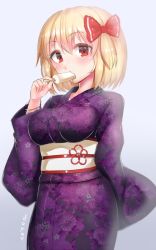 Rule 34 | 1girl, aged up, blonde hair, blush, bracelet, breasts, doyouwantto, eating, floral print, food, hair ribbon, japanese clothes, jewelry, kimono, large breasts, looking at viewer, obi, popsicle, red eyes, ribbon, rumia, sash, short hair, simple background, solo, touhou