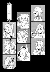 Rule 34 | 1girl, braid, braiding hair, choker, closed eyes, comb, dungeon meshi, elf, greyscale, hairdressing, hard-translated, highres, holding, holding own hair, kui ryouko, marcille donato, marushiru, monochrome, official art, pointy ears, sequential, sleepy, smile, tearing up, third-party edit, yawning
