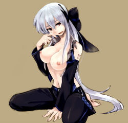 Rule 34 | 1girl, bad id, bad pixiv id, bare shoulders, barefoot, bow, breasts, detached sleeves, hair bow, large breasts, long hair, navel, nipples, open clothes, open shirt, red eyes, shirt, silver hair, sitting, solo, tears, toudou charo, tr, very long hair, vocaloid, wariza, yowane haku